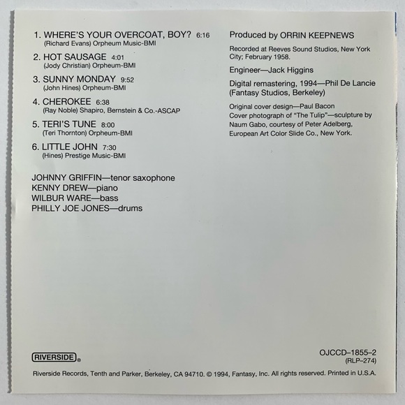 Way Out! by Johnny Griffin Quartet CD 025218185523 Jazz Bebop Riverside 12-274 - Picture 2 of 4